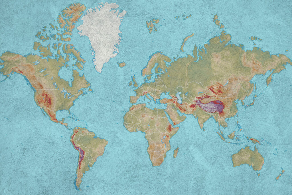 World map on wall grungy background. XXXL large