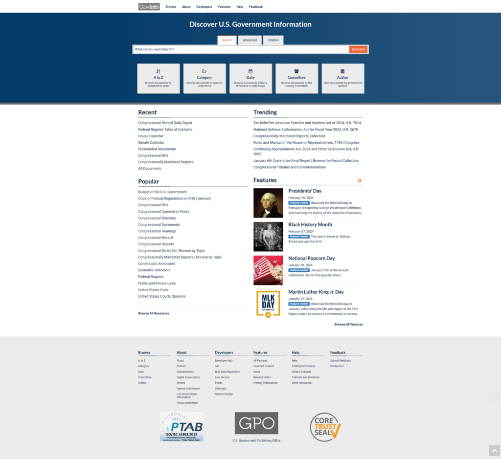 Homepage of GovInfo.gov, a service of the United States Government Publishing Office (GPO)