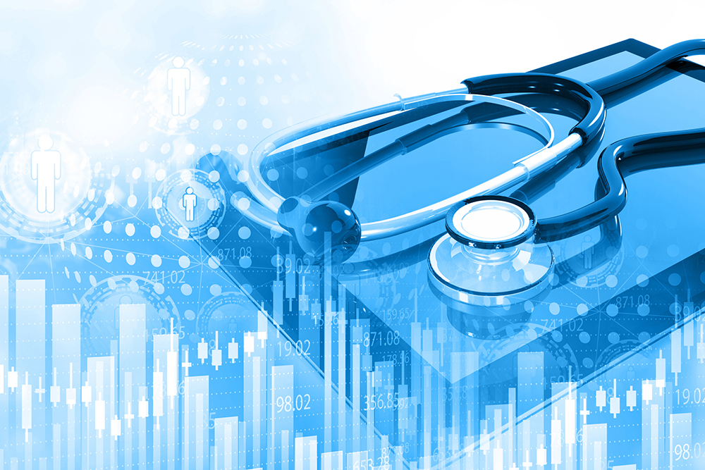Medical industry stock market graph chart. Stethoscope with stock market graph.