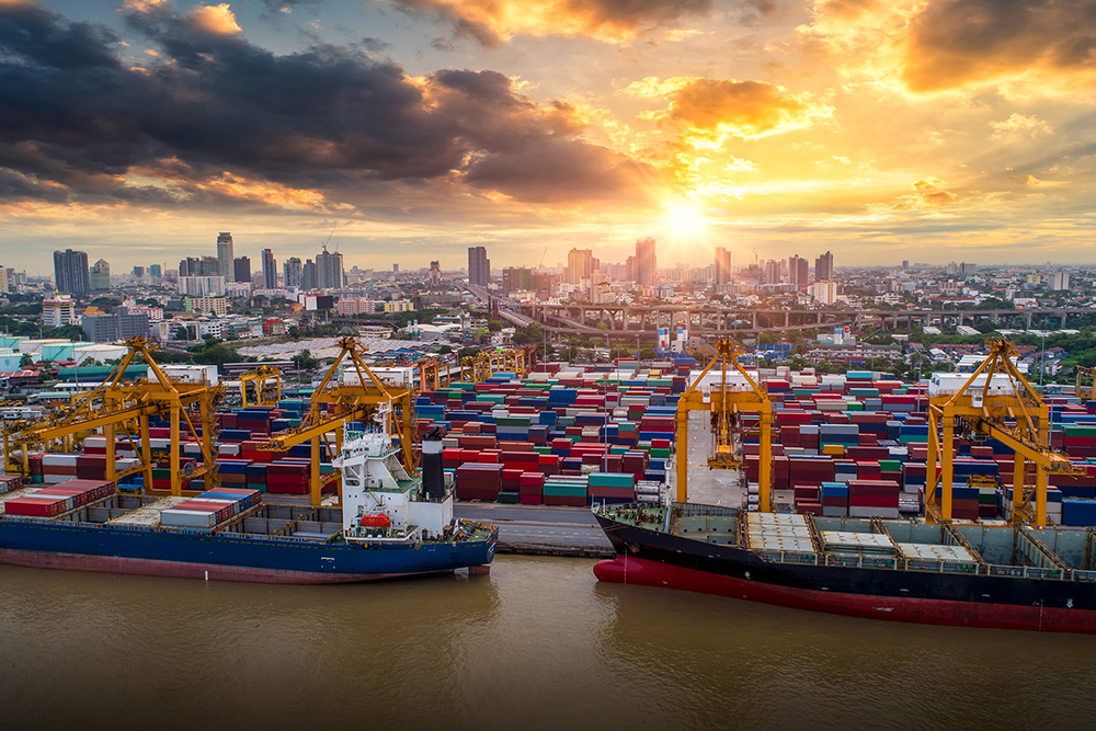 Container ship in import export and business logistics