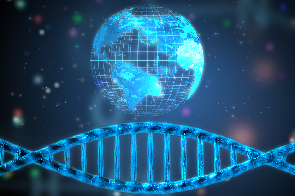 Biopolitics: Image of the dna helix belowdigital hologram of the earth