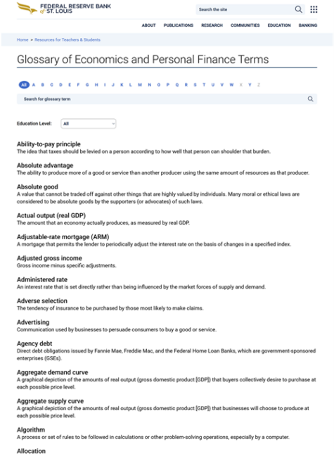 Federal Reserve Bank-St.Louis: Glossary of Economics and Personal Finance Terms