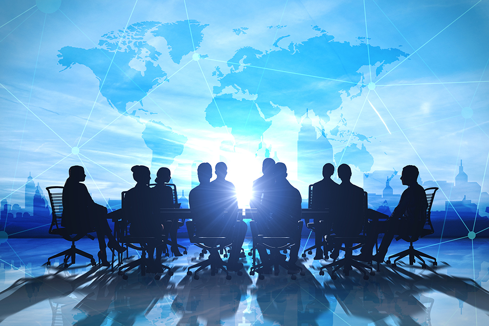 Business Communication: World Management Team in office silhouette