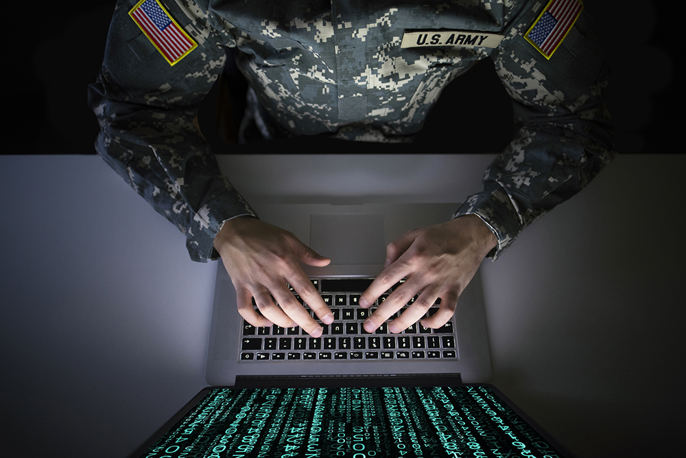 International Security: American soldier in military uniform preventing cyber attack in military intelligence center. An US officer intercepting messages to stop terrorism.