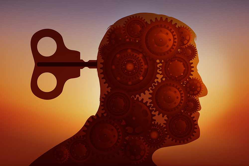 Concept of the manipulation of opinion, symbolized by a key that takes control of a brain replaced by gears.