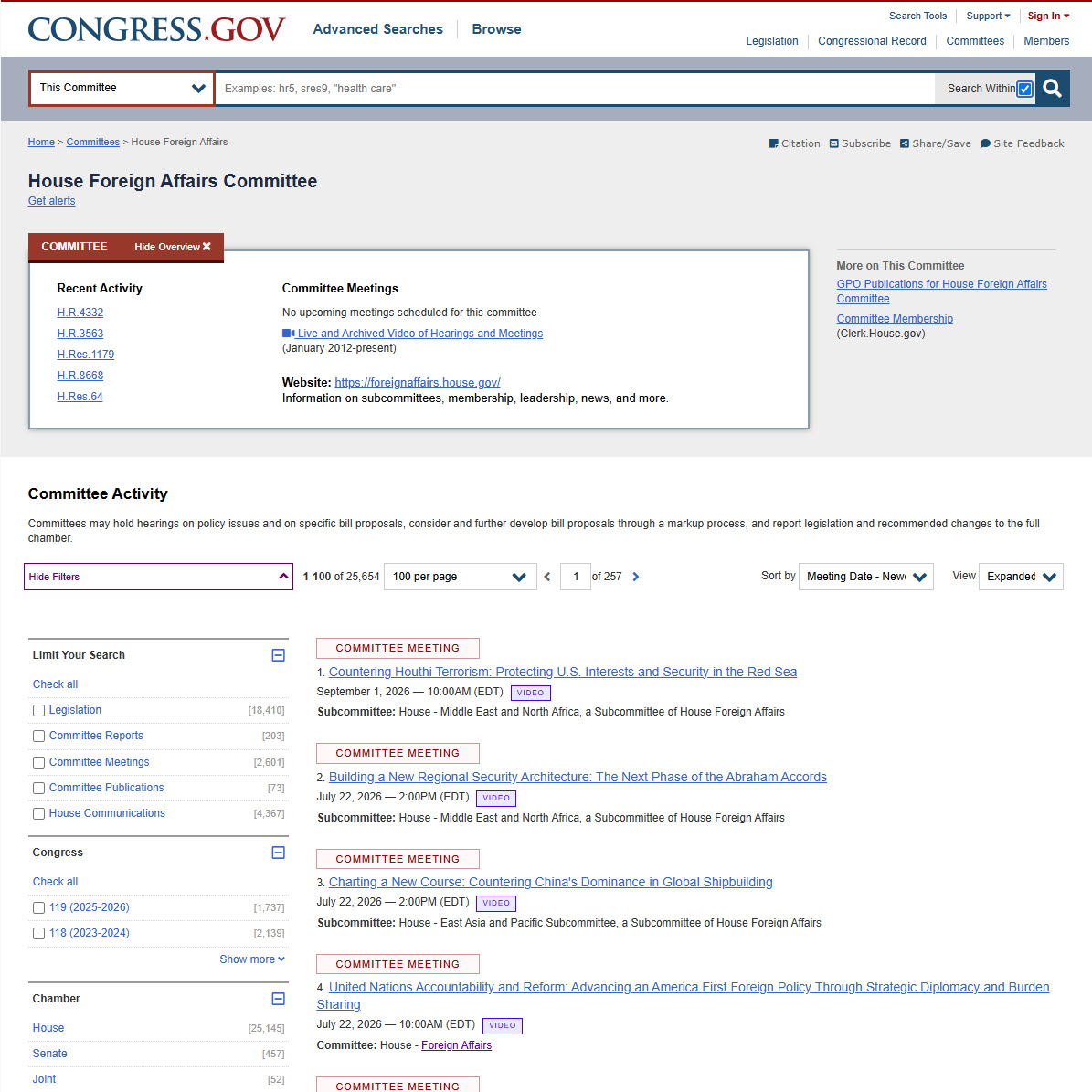 Congress gov House Foreign Affairs Committee