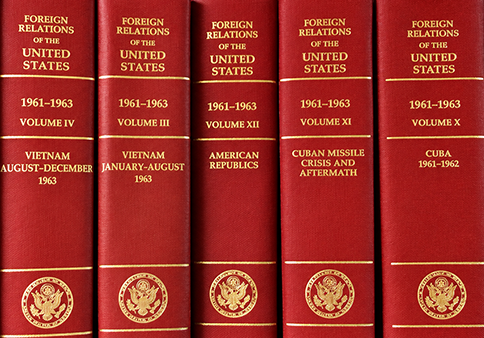 Volumes of Foreign Relations of the United States on a bookshelf
